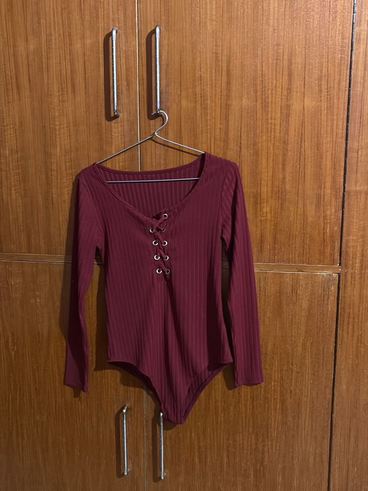 Maroon Ribbed Lace-Up Bodysuit