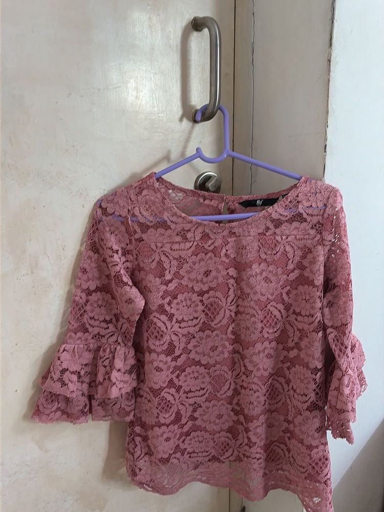 Elegant Pink Lace Top with Ruffle Sleeves