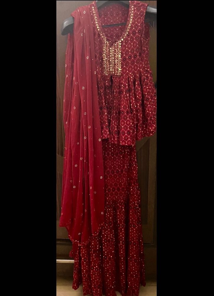 Designer Red Sharara Set with Dupatta. Perfect for