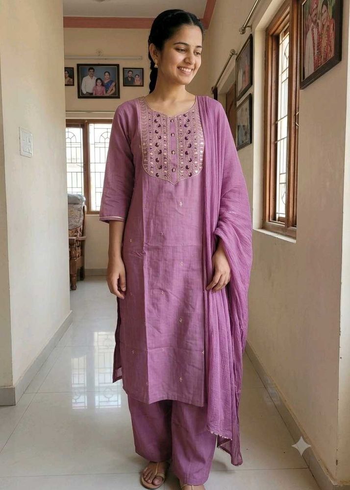BrandNew MauveColor Kurti Set - Plazzo&amp;Dupatta -4