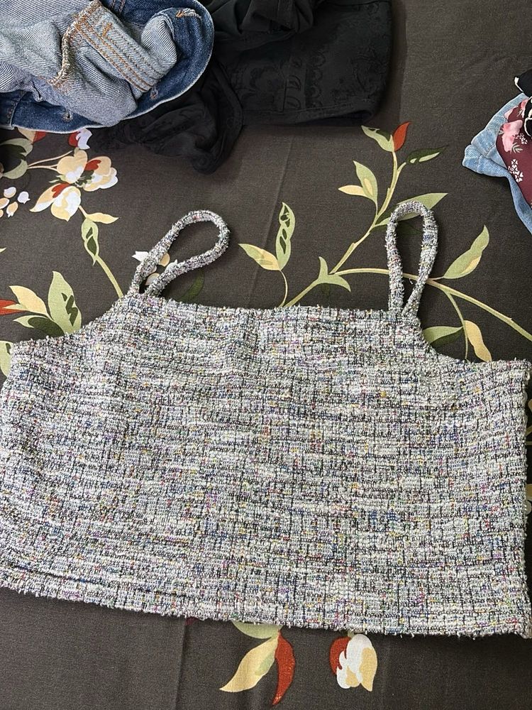 Chic Tweed Spaghetti Strap Crop Top
