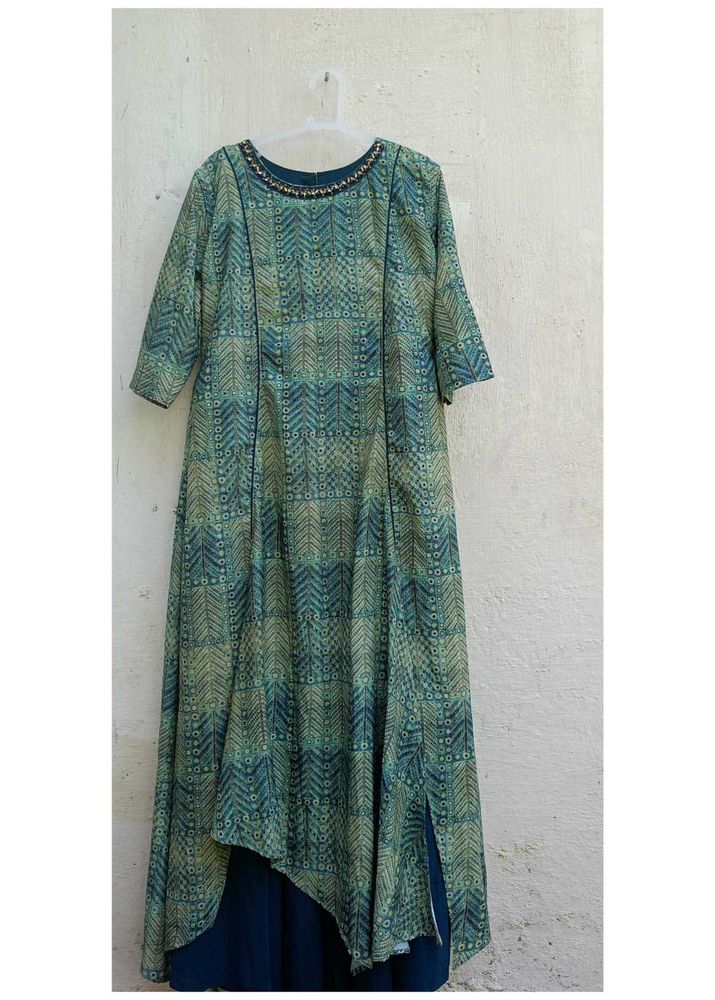 Elegant Teal Printed Ethnic Gown | Stylish Flared