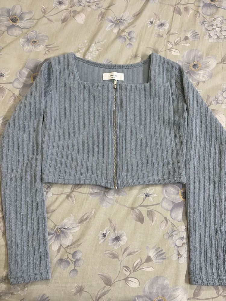 Blue Ribbed Zip-Up Cropped Top