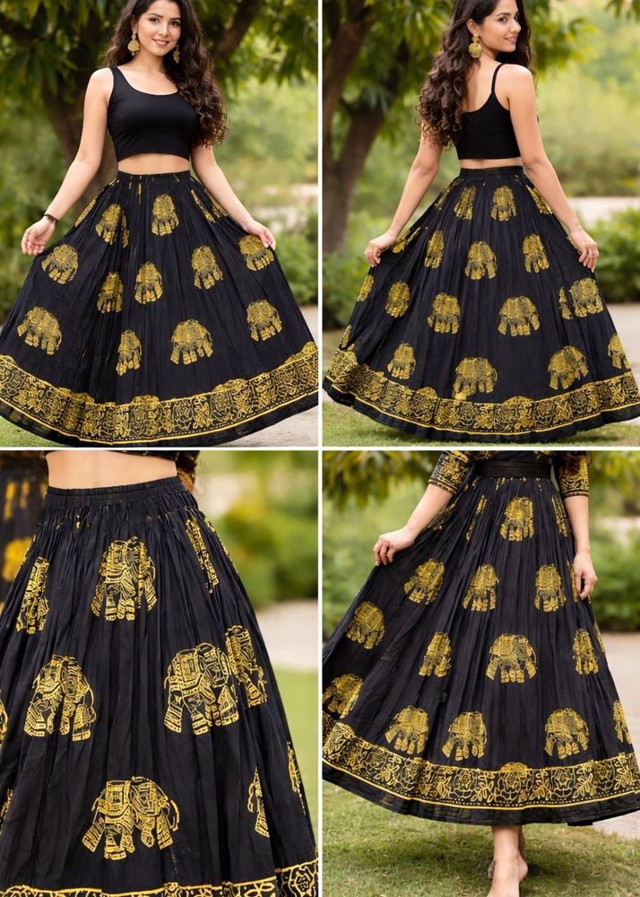 Black &amp; Gold Elephant Print Ethnic Skirt