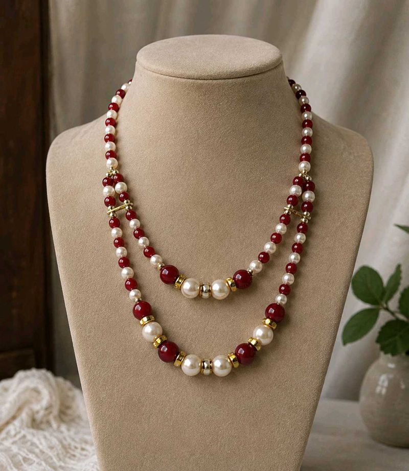 Elegant Pearl &amp; Red Beaded Necklace