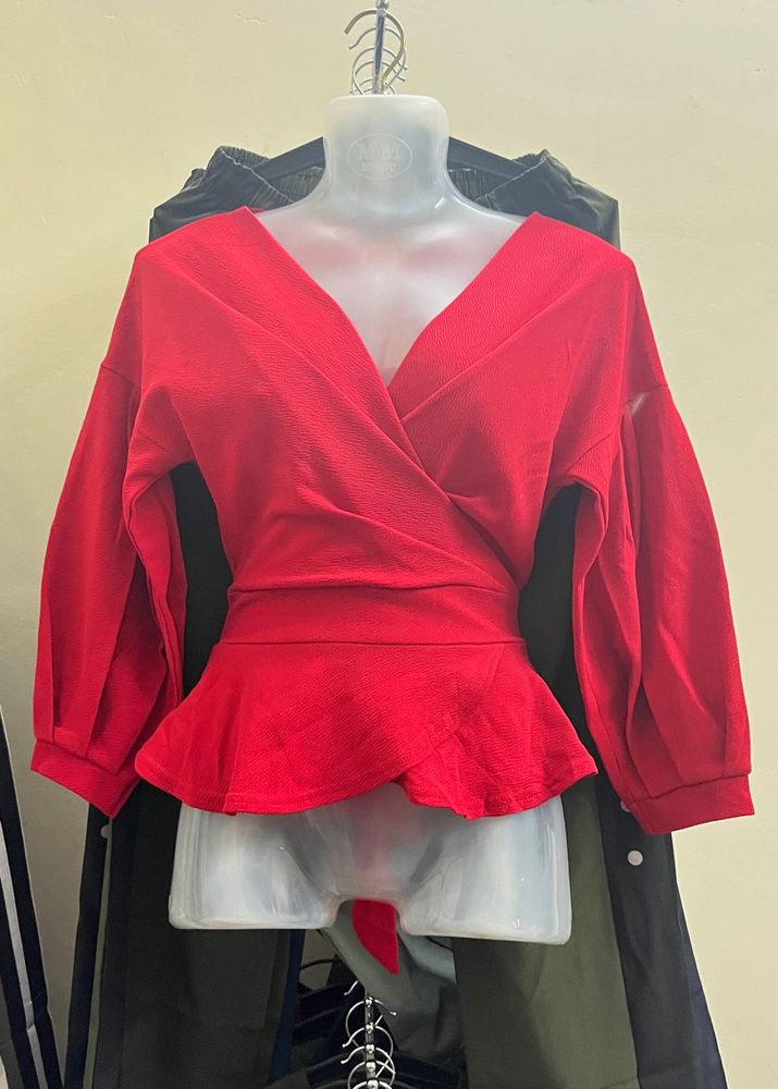 combo of Chic Red Wrap Style Peplum Top and mustar