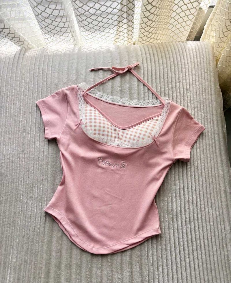 Korean imported Cute Pink Halter Neck Top