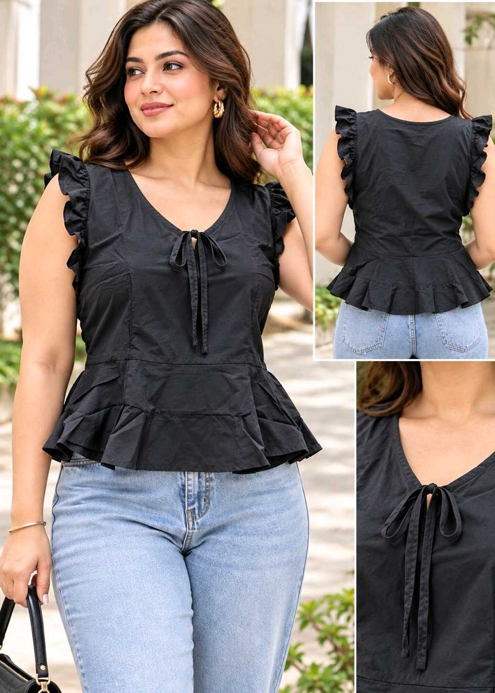 Chic Charcoal Peplum Top with Ruffle Sleeves