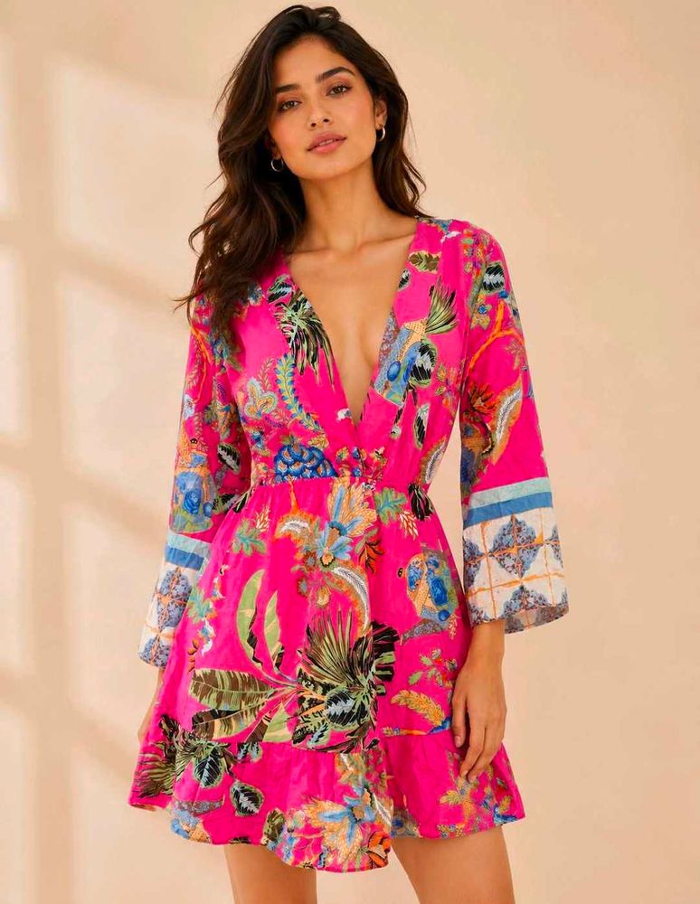 Vibrant Tropical Print Mini Dress Size S-M 32"-36"