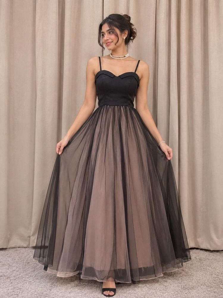 Elegant Black &amp; Nude Tulle Gown