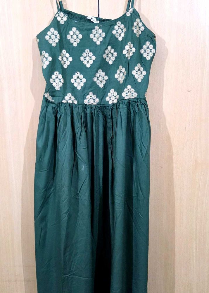 Green Embroidered Maxi Dress with golden jacket