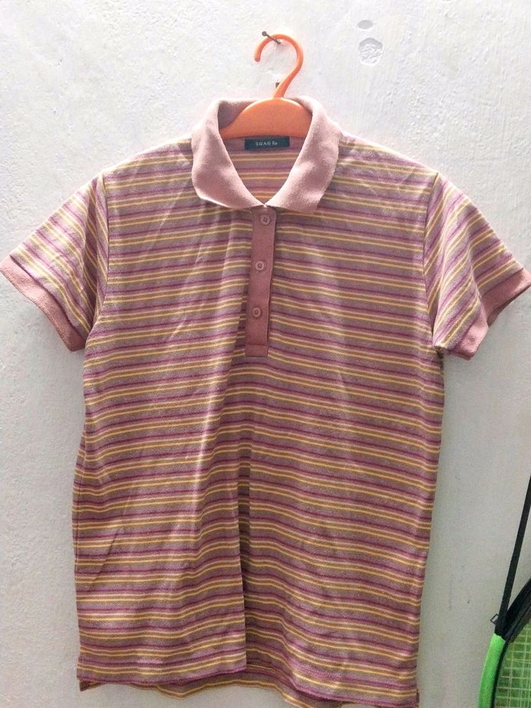 Striped Button-Down Polo Top