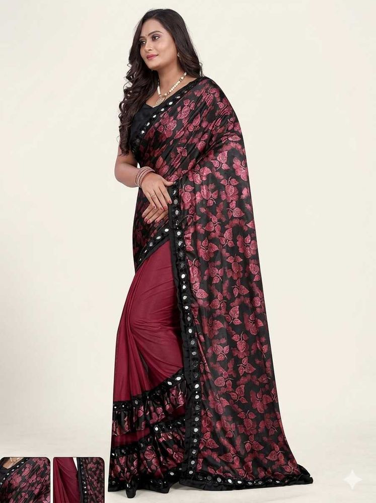 Elegant Black &amp; Maroon Floral Saree