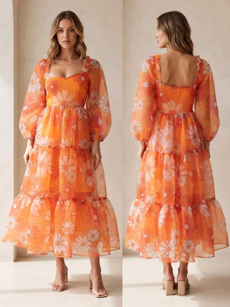 Orange Floral Puff Sleeve Midi Dress