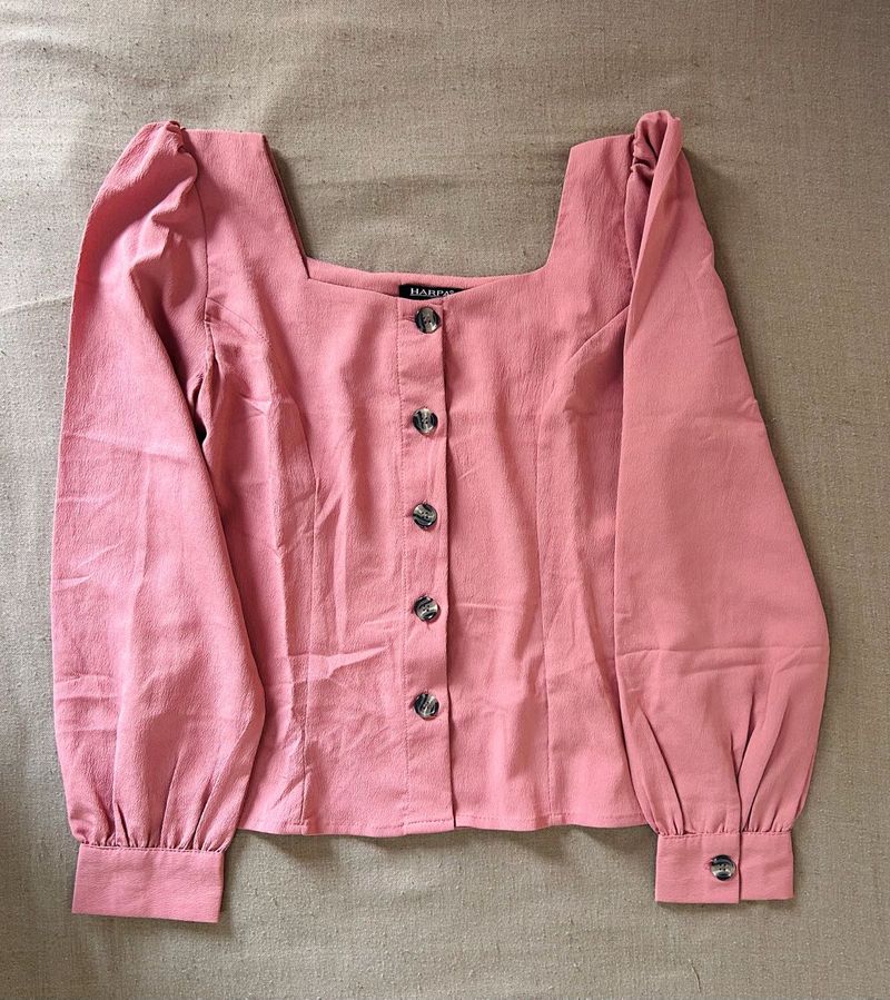 Chic Pink Square Neck Puff Sleeve Top