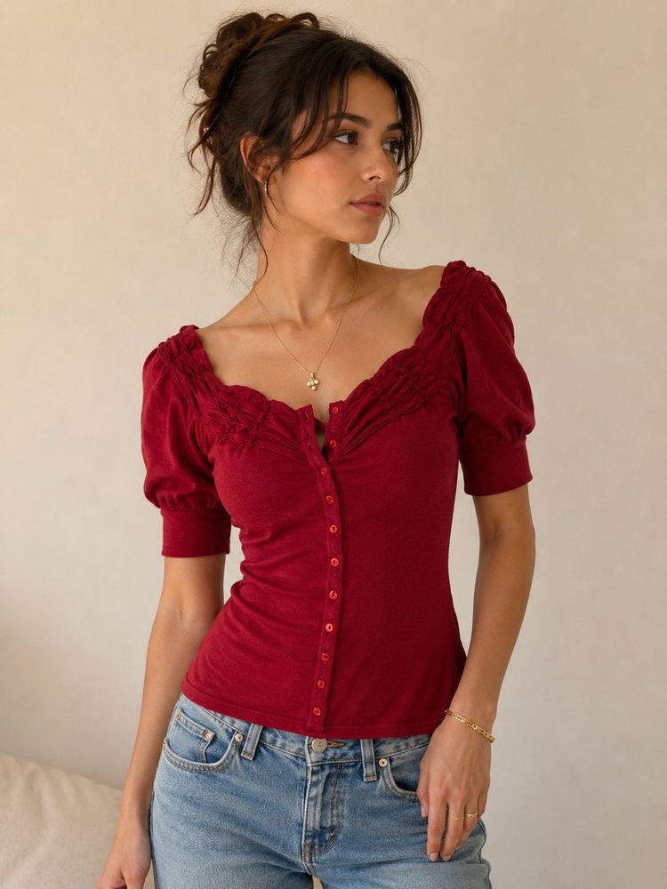 Chic Deep Red Button-Up Sleeve Top