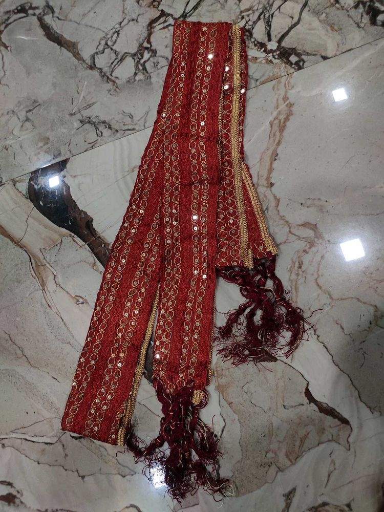 Red Embroidered Dupatta with Mirror Work