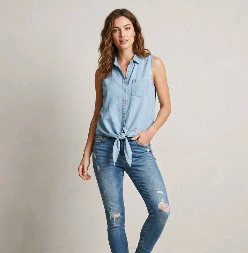 Light Wash Sleeveless Denim Tie-Front Shirt