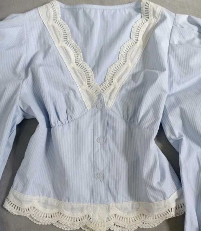 Light Blue Striped Lace Trim Blouse