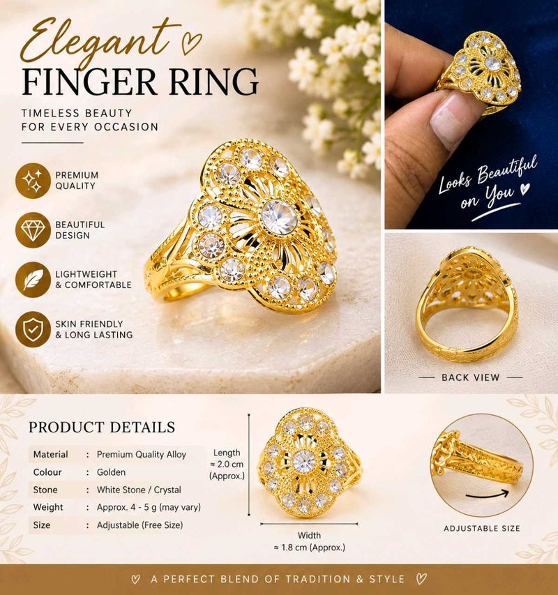Elegant Golden Finger Ring with Crystals