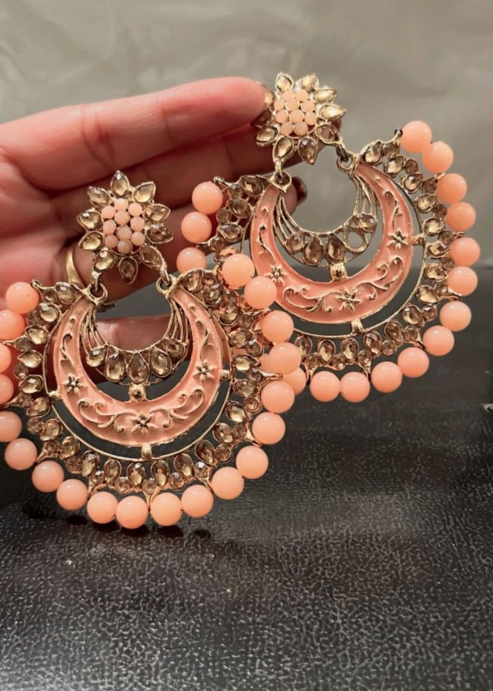 Peach Beaded Chandbali Earrings