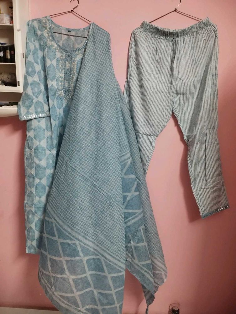 Blue Printed Kurta Set with Dupatta
