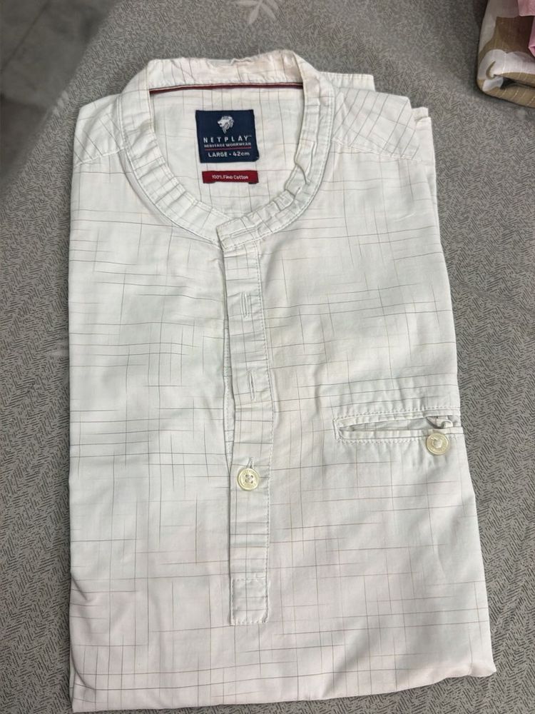 Men's White Checkered Kurta