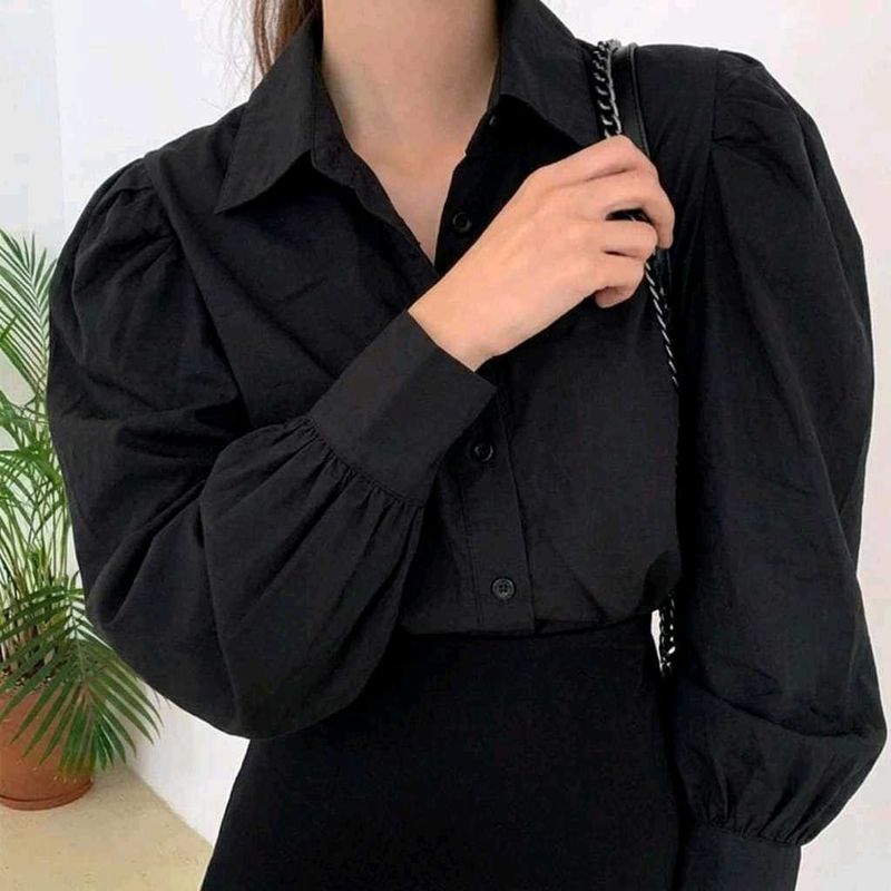 New with tag Chic Black Puff Sleeve Button-Up Top
