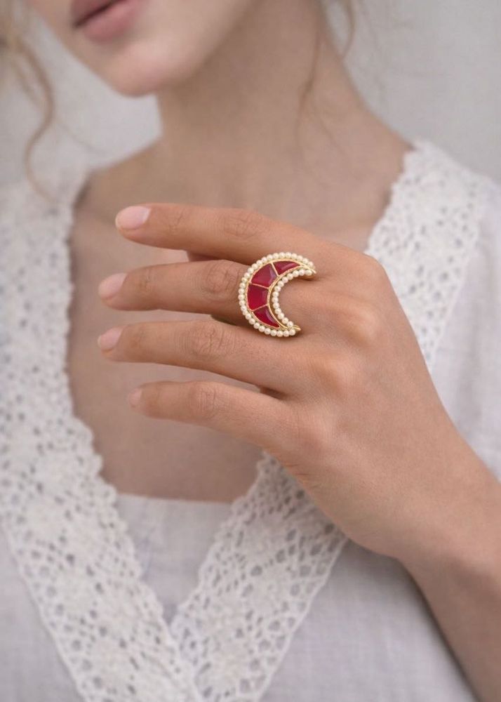Crescent Moon Red Gem Ring