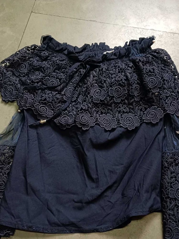 Elegant Navy Lace Off-Shoulder Top