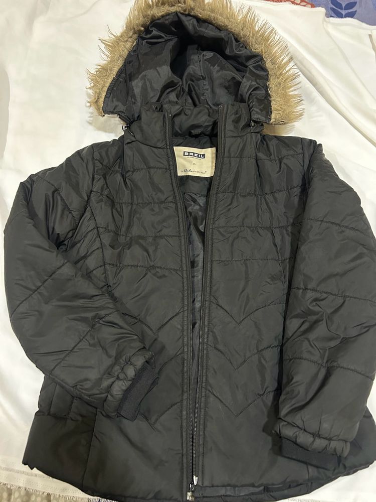Black Puffer Jacket with Faux Fur detachable Hood