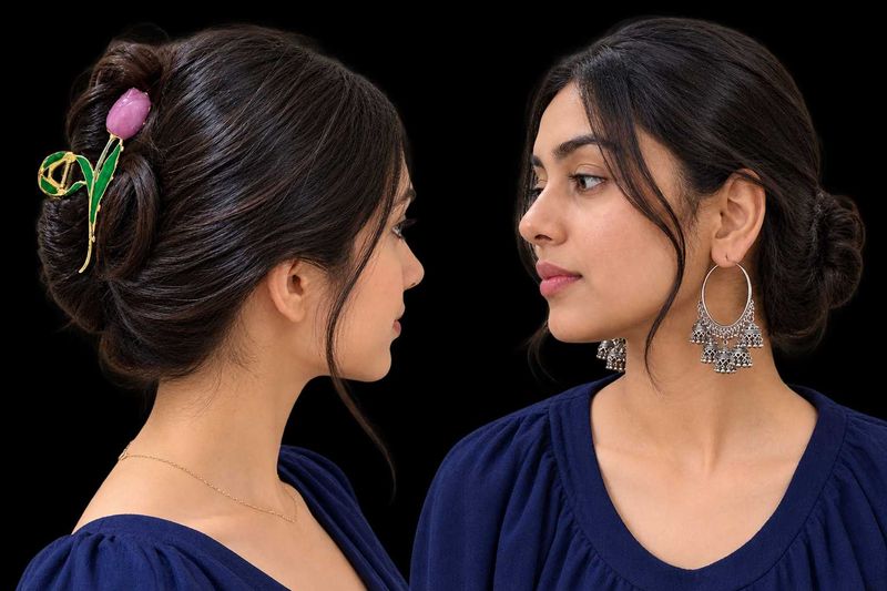 Oxidized Silver Jhumka Hoop Earrings and tulip cla