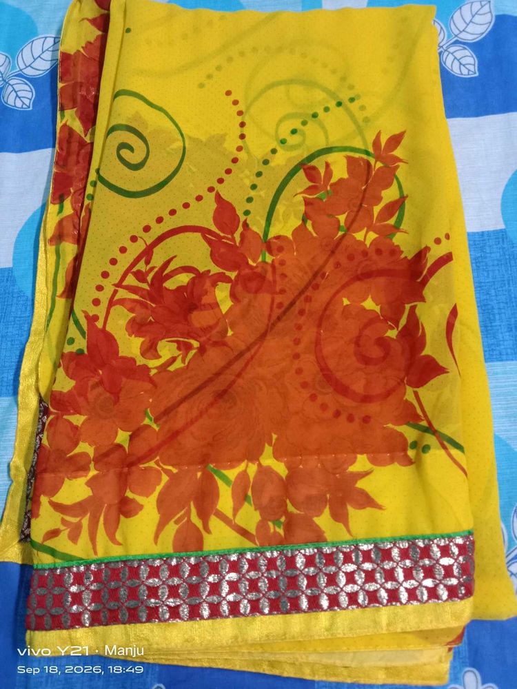 Vibrant Yellow Floral Print Saree