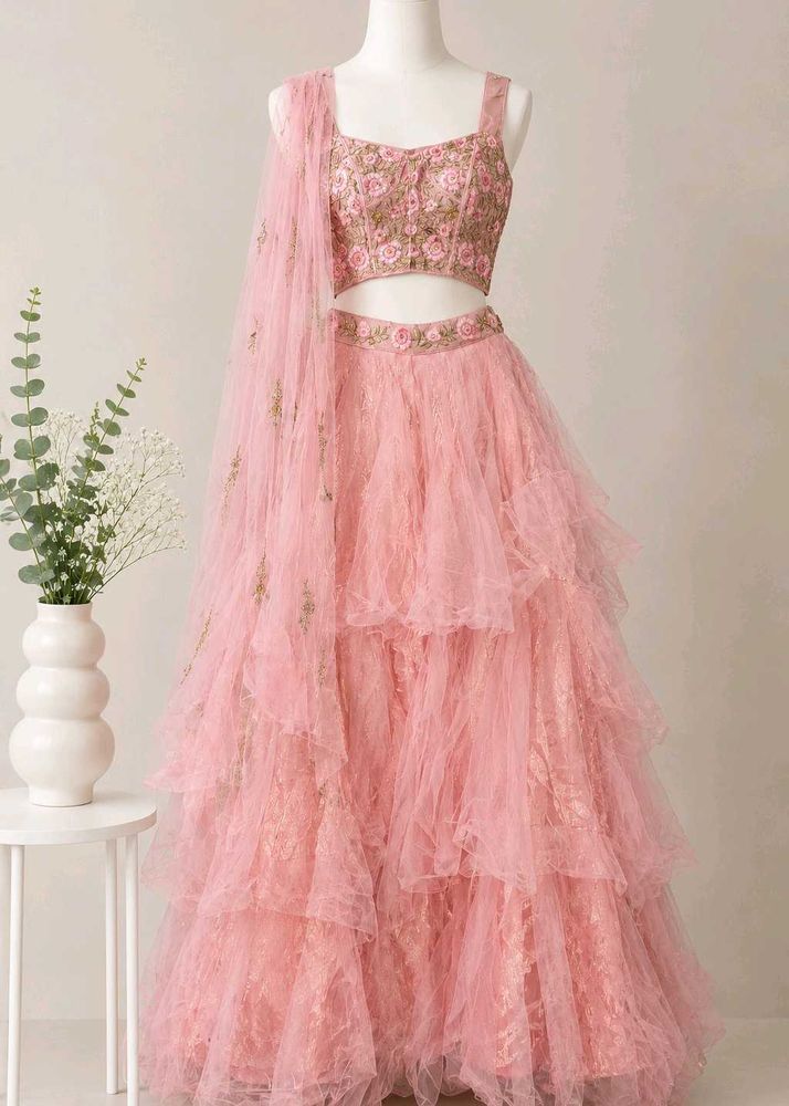 Pink Tiered Lehenga Choli with Floral Embroidery