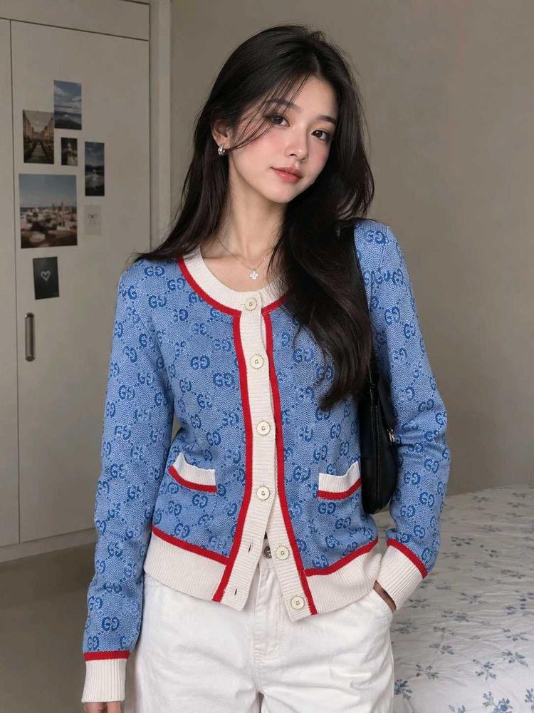 💙 Premium Blue Monogram Knit Cardigan | OUYASAITU