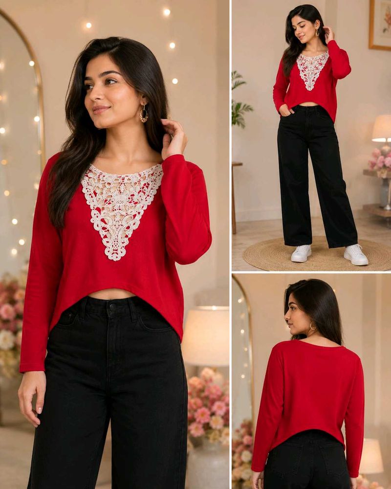 Red Lace-Trim Top