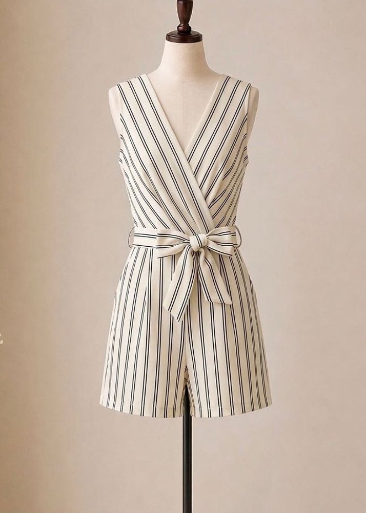 Striped Sleeveless Romper with Belt
