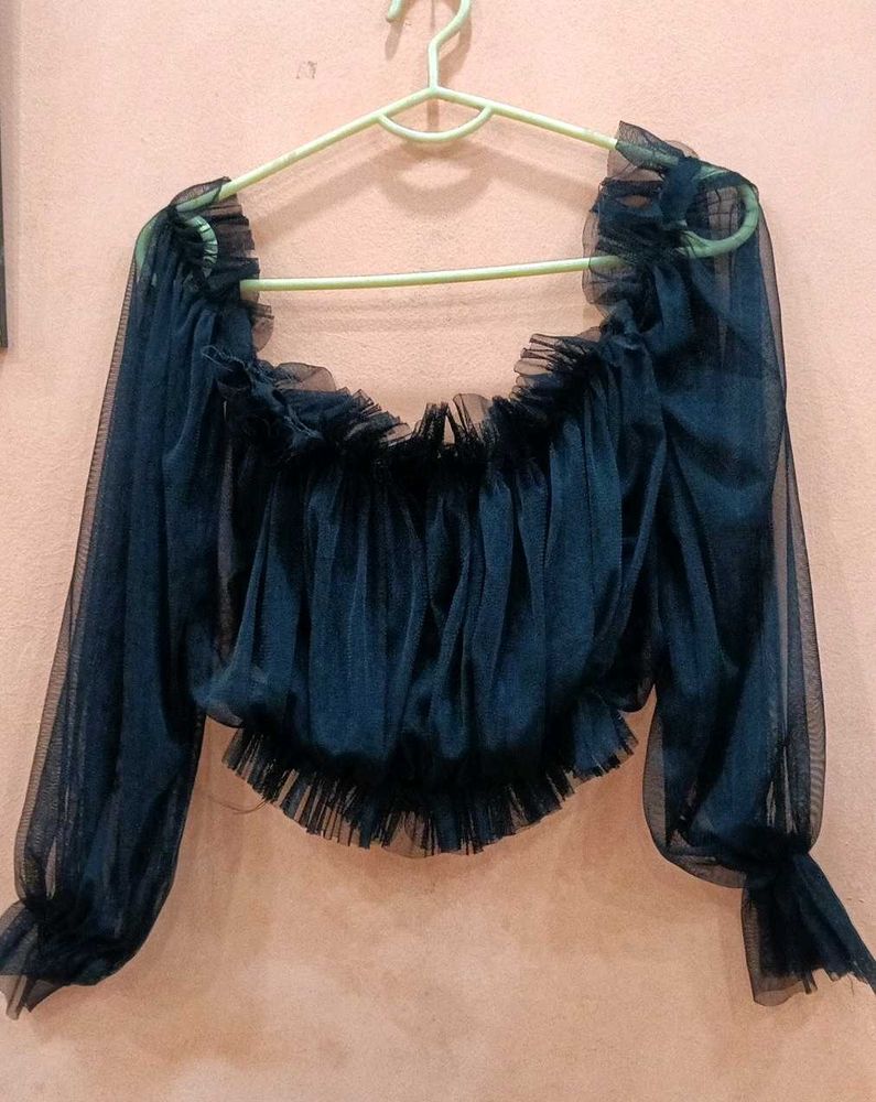 Sheer Black Ruffled Long Sleeve Top