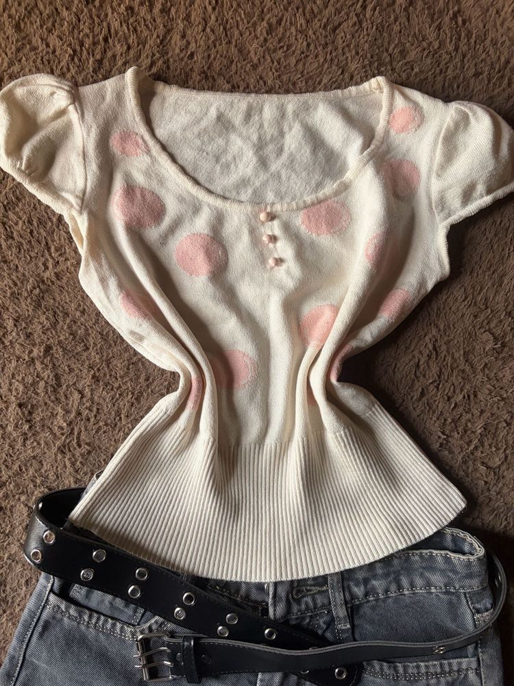 Cream Polka Dot Knit Top