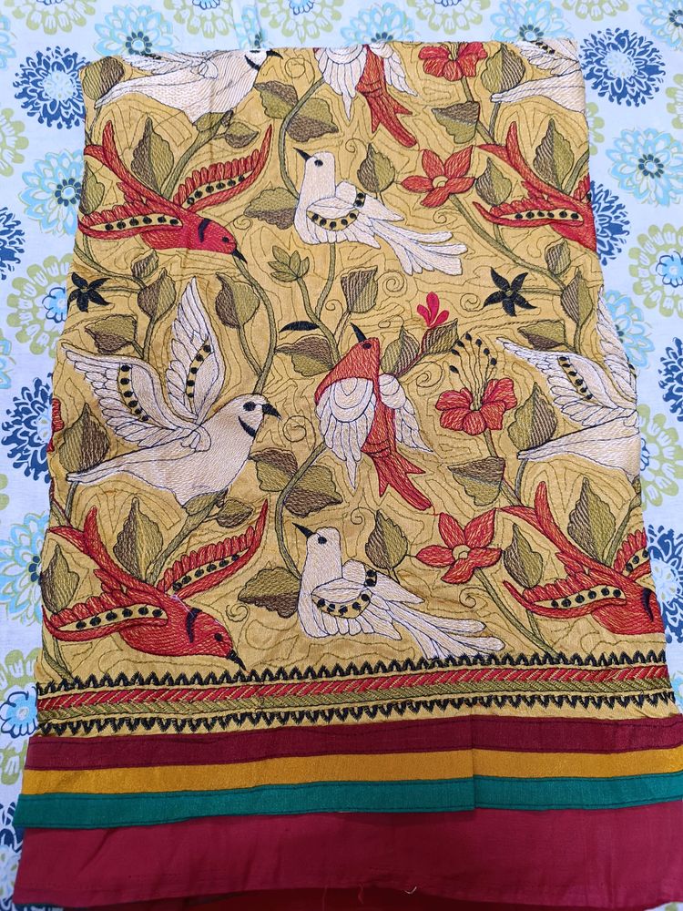 Bright Red And Yellow Kantha Stitch Semi Silk Sare