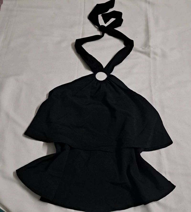 Y2k Vintage 2000s Black Ruffled Halter Neck Top