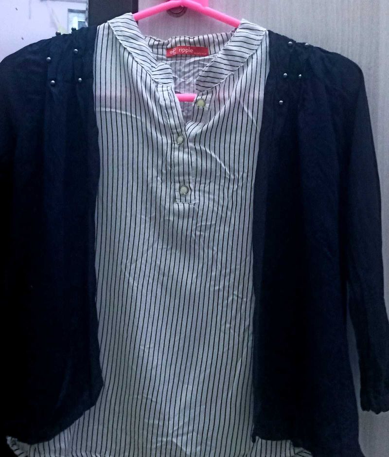 Stylish Striped Top with Embellished Cardigan