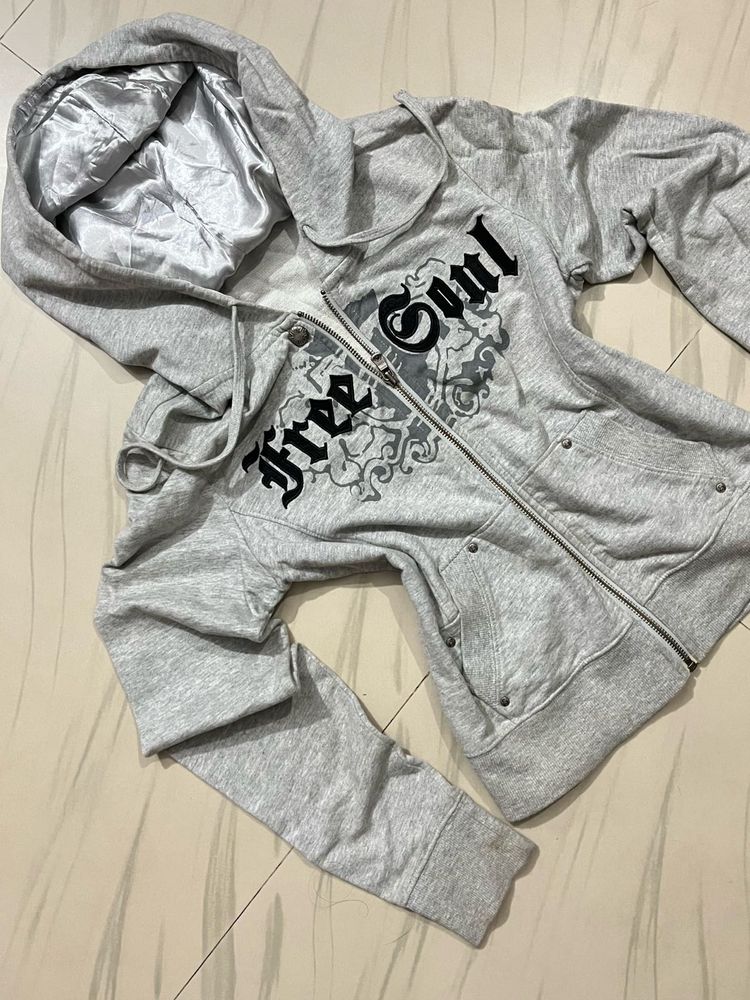 Grey "Free Soul" Zip-Up Hoodie