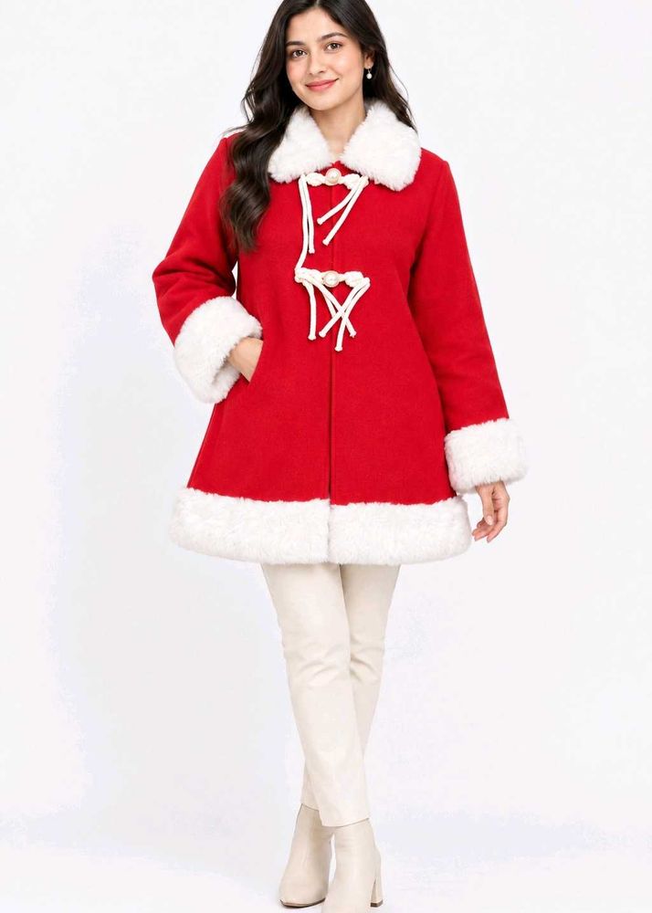 Festive Red Coat with White Fur Trim