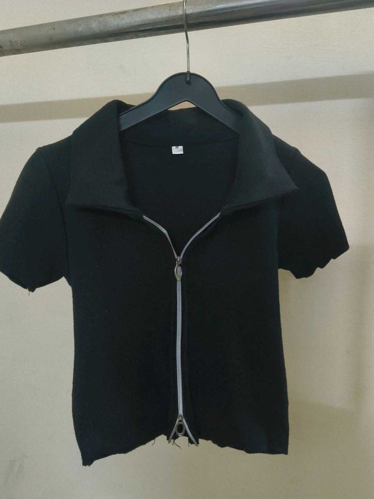 Black Zip-Up Collared Top