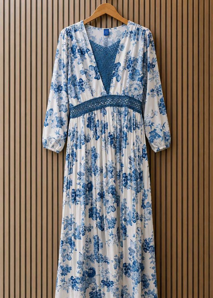 Blue Floral Maxi Dress – Elegant Long Sleeve Dres