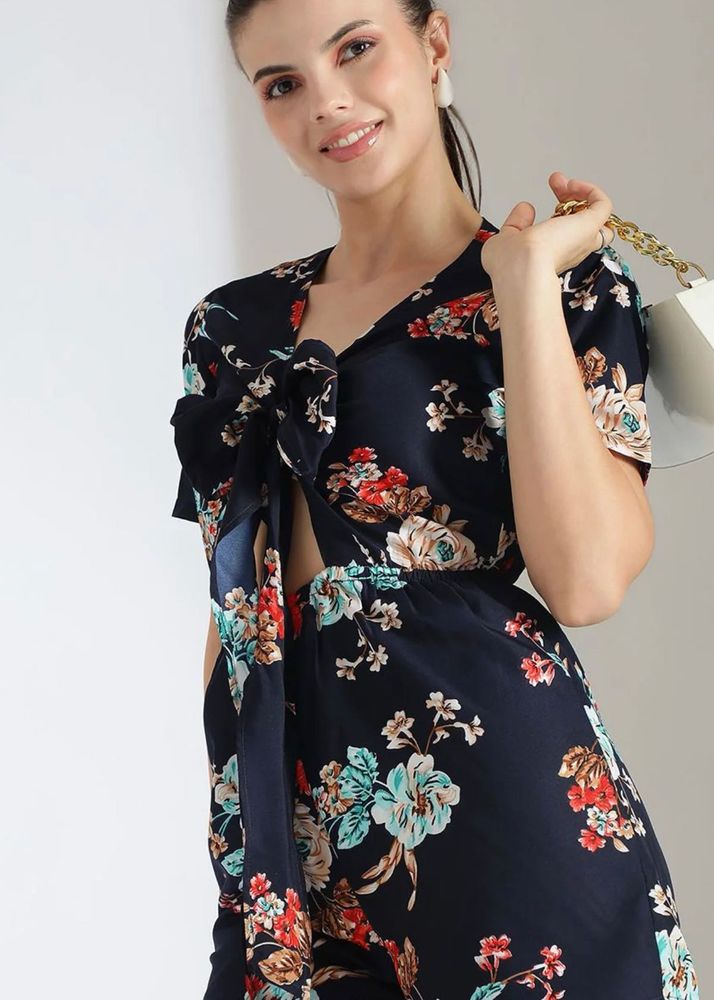 Navy Floral Tie-Front Jumpsuit