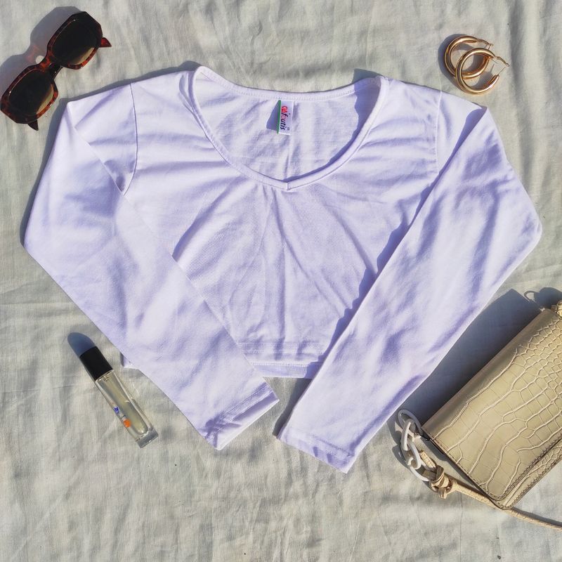 White V-neck Full Sleeves Crop Top