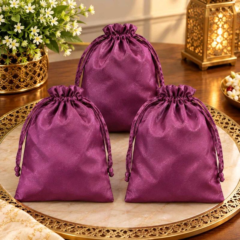 Plum Satin Potli / Drawstring Pouch - Pack of 3