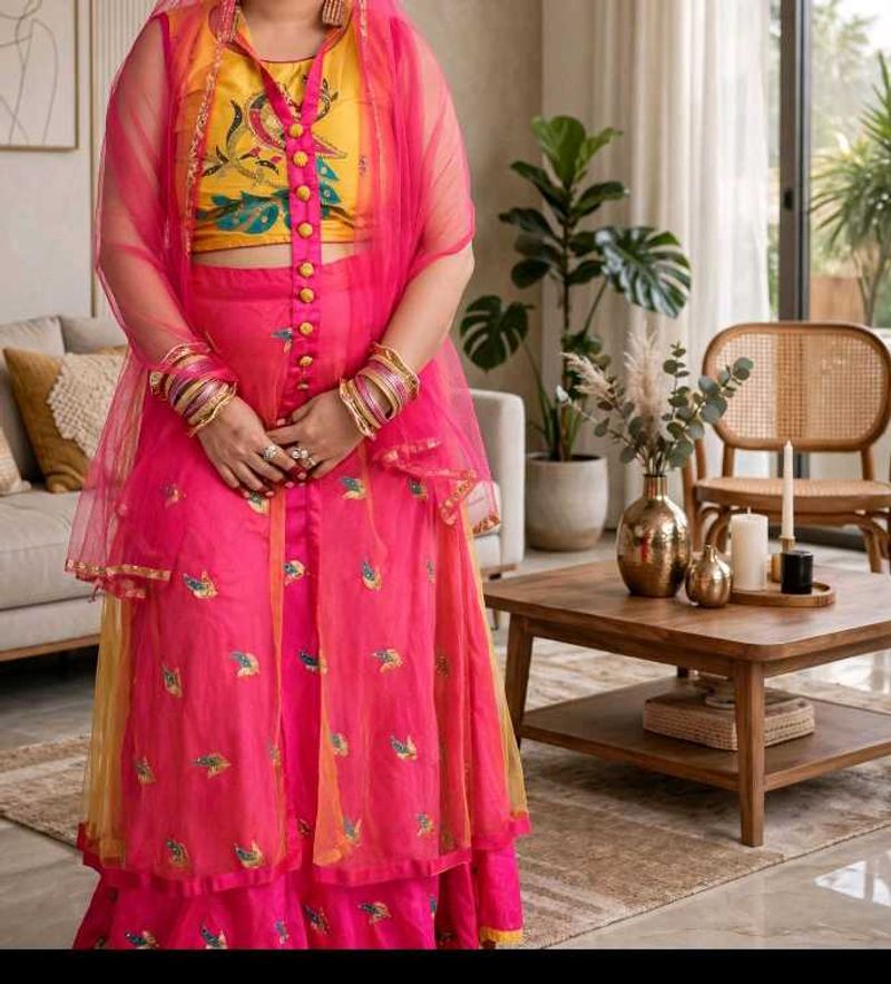 Vibrant Pink &amp; Yellow Lehenga Choli Set